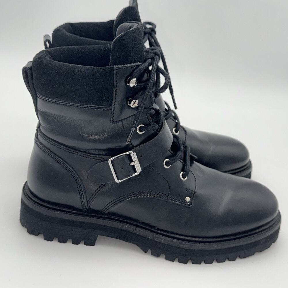 AllSaints Paulina Black Leather Combat Moto Boots Buckle Lug Platform Sz 10 EU40